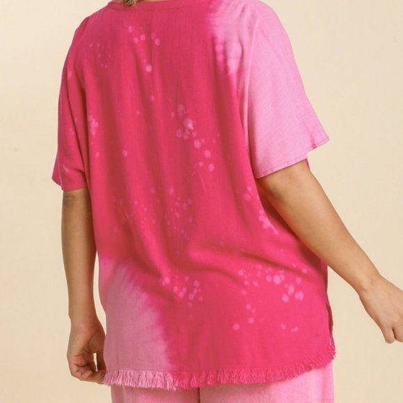 NWT Umgee Linen Blend Bleach Dip Dye V-Neck Top With Fringe Hems Plus - Picture 4 of 5